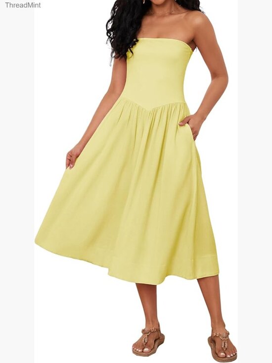 Dresses & Skirts - Off Shoulder Midi Dress Strapless Sleeveless Drop Waist A Line Tube